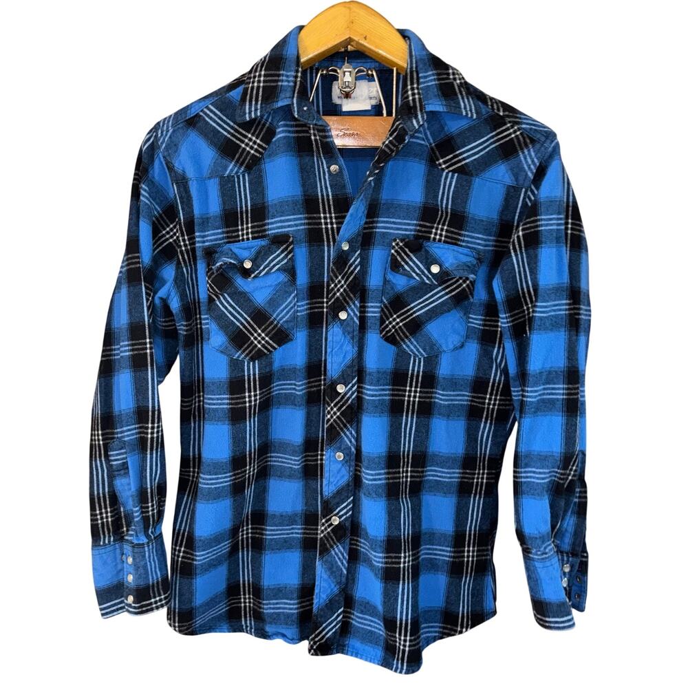 Vintage Wrangler Wrancher shirt long sleeve blue black flannel pearl snap medium